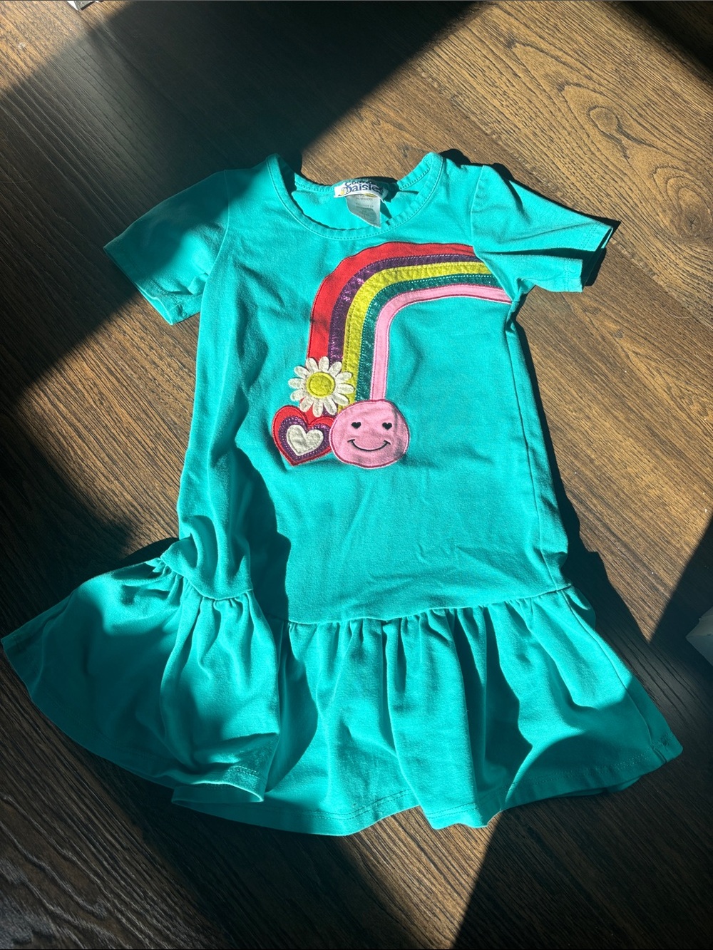 Girls Teal Rainbow Patch Ruffle Dress